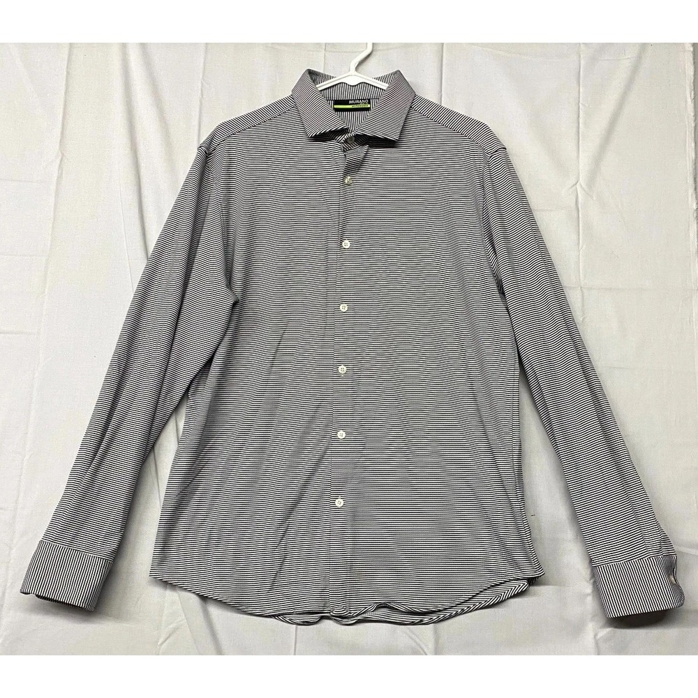 Murano Shirt Men Large Black White Striped Performance Casual Slim Fit Button Up